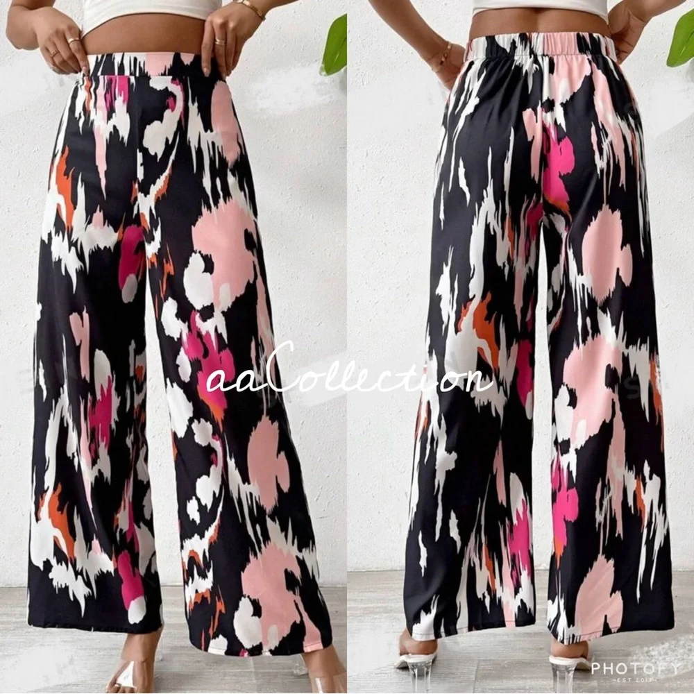 Boho Abstract Watercolor Print High Waist Wide Leg Palazzo Pants Black - Picture 2 of 2